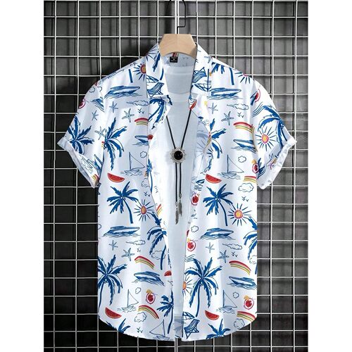 夏季条纹纽扣休闲度假短袖衬衫