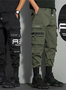 Men's solid color casual leggings overalls男士纯色束脚工装裤