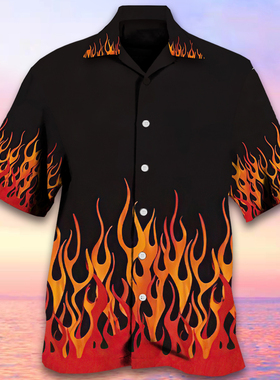 Flame digital printed short sleeved shirt火焰印花短袖衬衫男