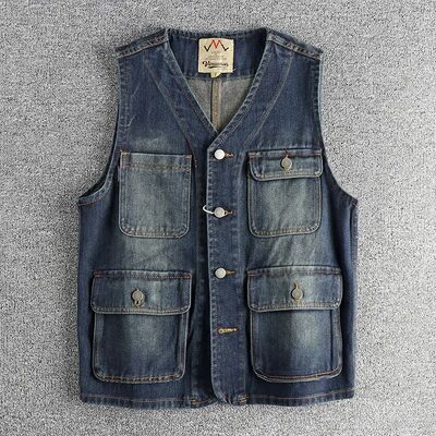 做旧水洗工装V领多口袋马甲