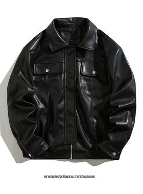 Men's lapel motorcycle leather jacket 男翻领宽松机车皮衣外套