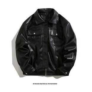 jacket lapel leather 男翻领宽松机车皮衣外套 motorcycle Men