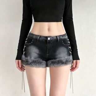 设计感毛毛系带钮钉牛仔短裤 Denim Faux Trimmed Shorts Fur 美式