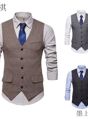 Single breasted suit vest男士修身休闲呢料单排扣纯色西装马甲