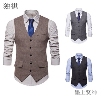 breasted 休闲呢料单排扣纯色西装 suit 修身 马甲 vest男士 Single