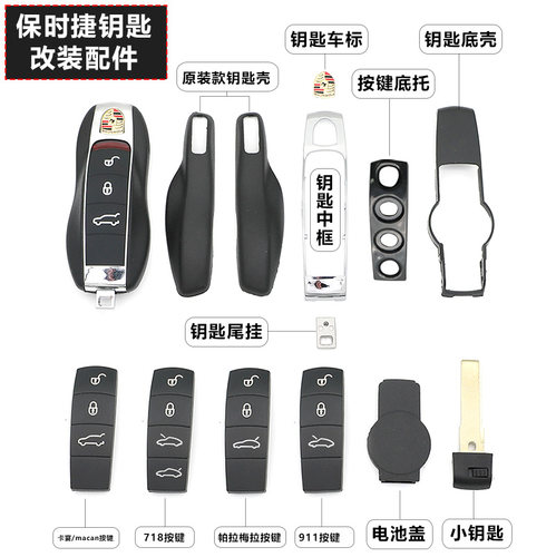 适用保时捷卡宴按键皮macan帕拉梅拉Taycan911钥匙尾款718车标2扣
