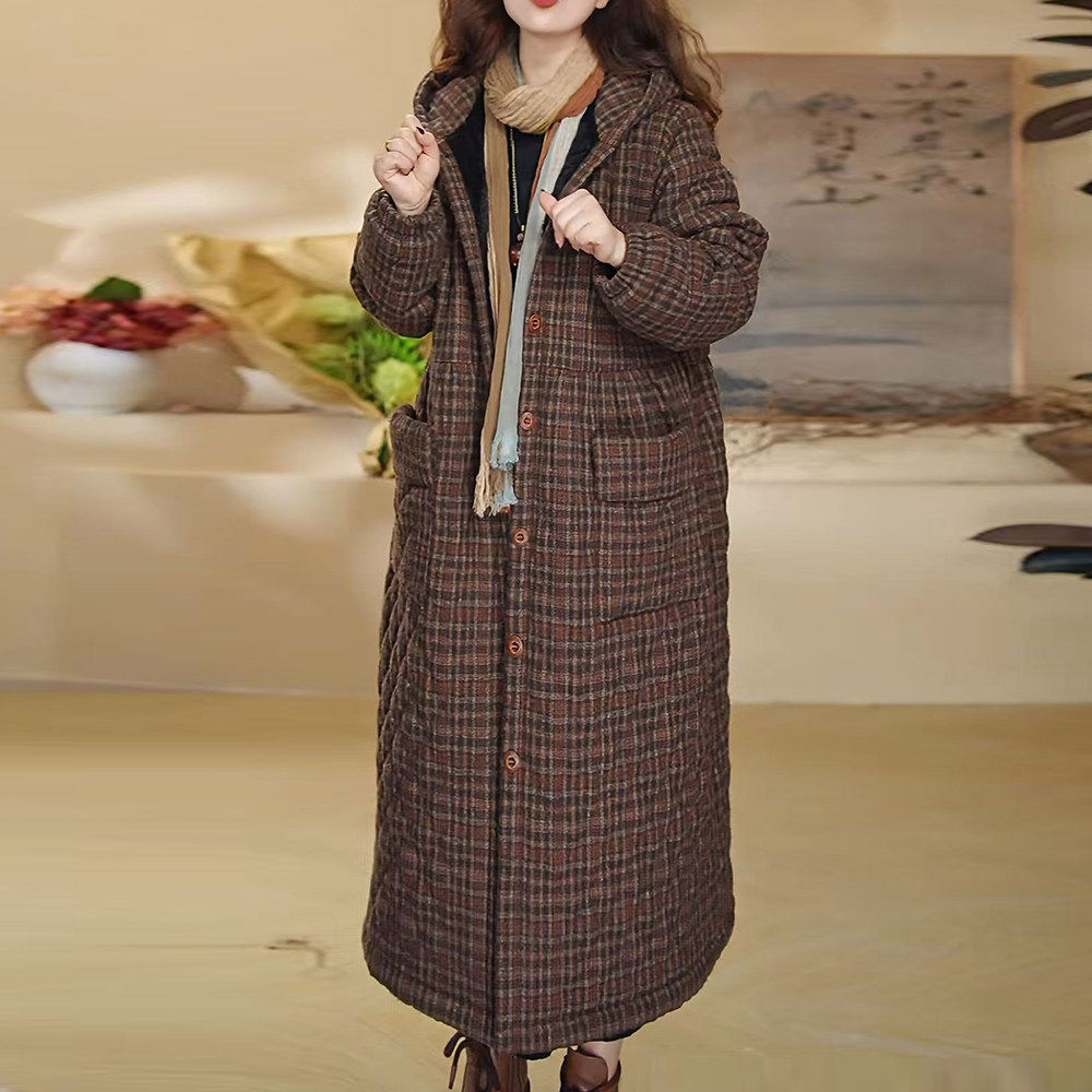 休闲格子北极绒棉服外套女冬季中长款大码宽松连帽加绒加棉大衣女,个性定制/设计服务/DIY,棉服工装,淘宝优惠券,粉丝福利购,淘宝优惠卷