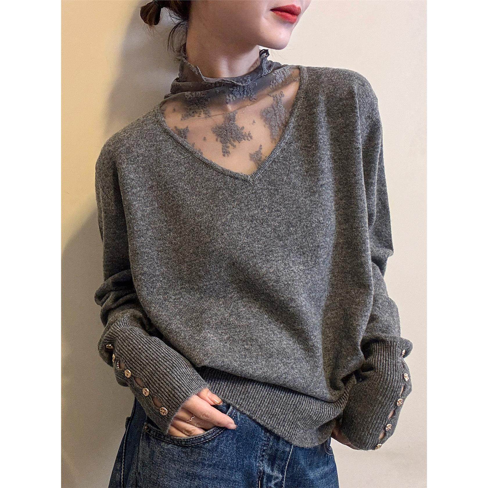 蕾丝镂空套头长袖毛衣女秋冬季微胖大码内搭针织打底衫设计感上衣,个性定制/设计服务/DIY,棉服工装,淘宝优惠券,粉丝福利购,淘宝优惠卷