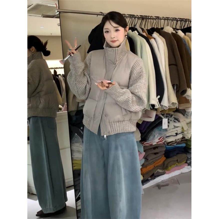 韩系针织毛衣拼接立领棉服外套女冬轻薄小个子宽松百搭保暖面包服,个性定制/设计服务/DIY,棉服工装,淘宝优惠券,粉丝福利购,淘宝优惠卷