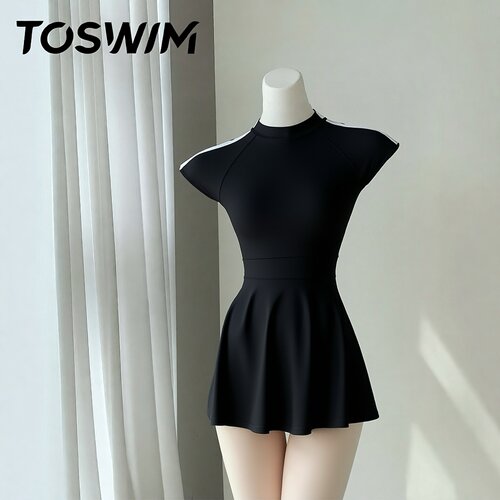 【瑕疵清仓-极简黑裙】TOSWIM拓胜正品连体游泳衣女裙式温泉度假