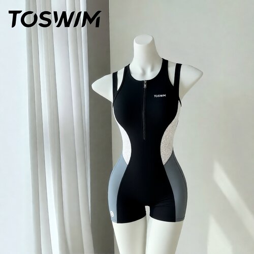 【瑕疵清仓-拼色网背】TOSWIM拓胜游泳衣女连体平角泳装拼色温泉