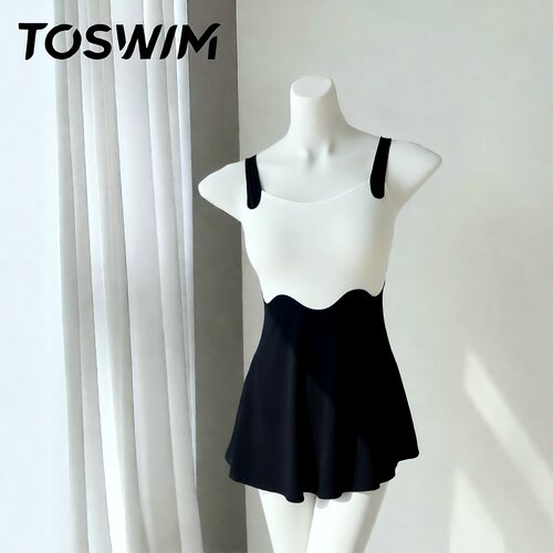 【瑕疵清仓-黑白生巧】TOSWIM拓胜正品泳衣女连体裙式温泉泳装