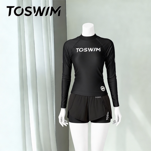 【瑕疵清仓-墨鱼黑套装】TOSWIM拓胜游泳衣分体女长袖温泉泳装