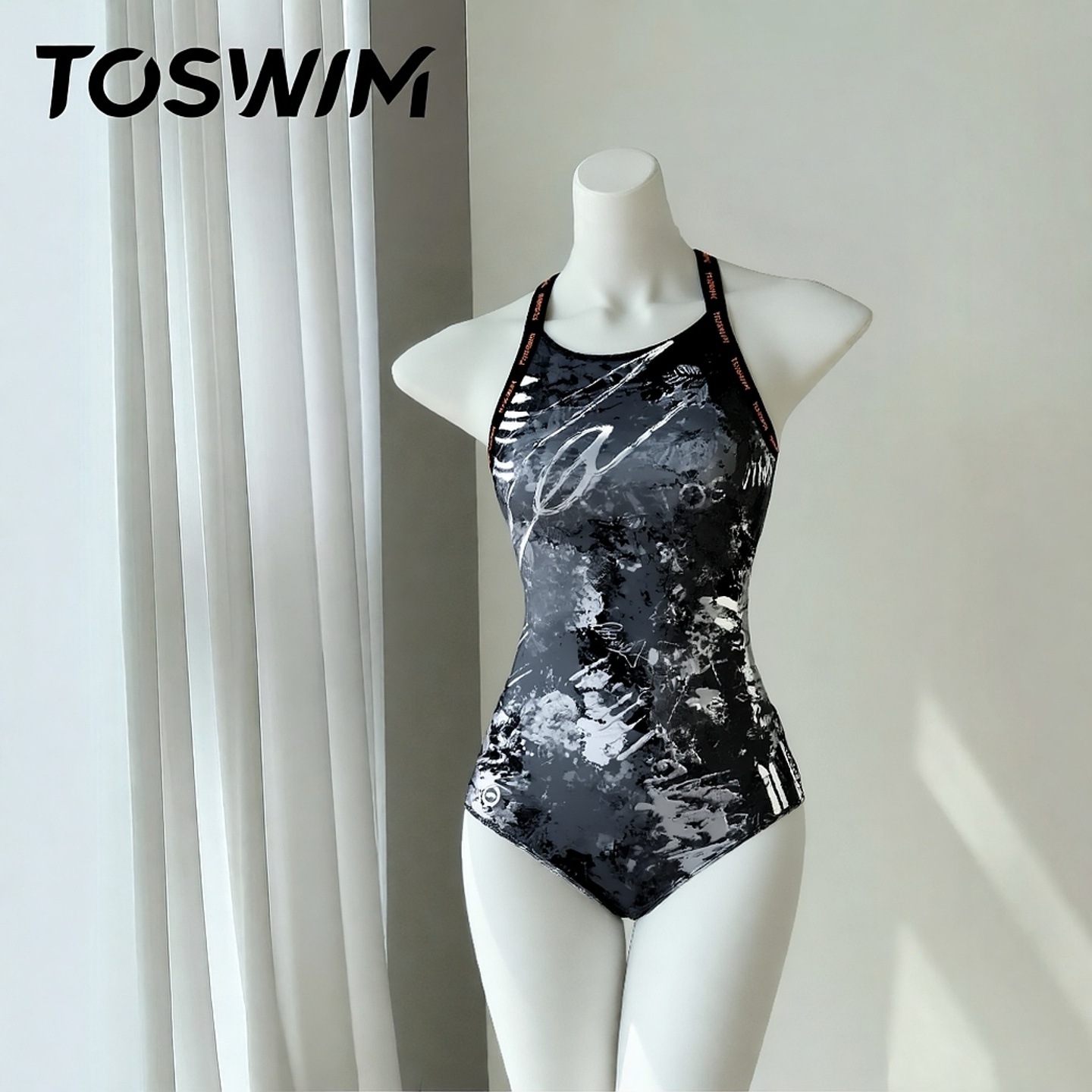 【样衣清仓-墨影涂鸦】TOSWIM拓胜正品泳衣女士连体三角竞速温泉