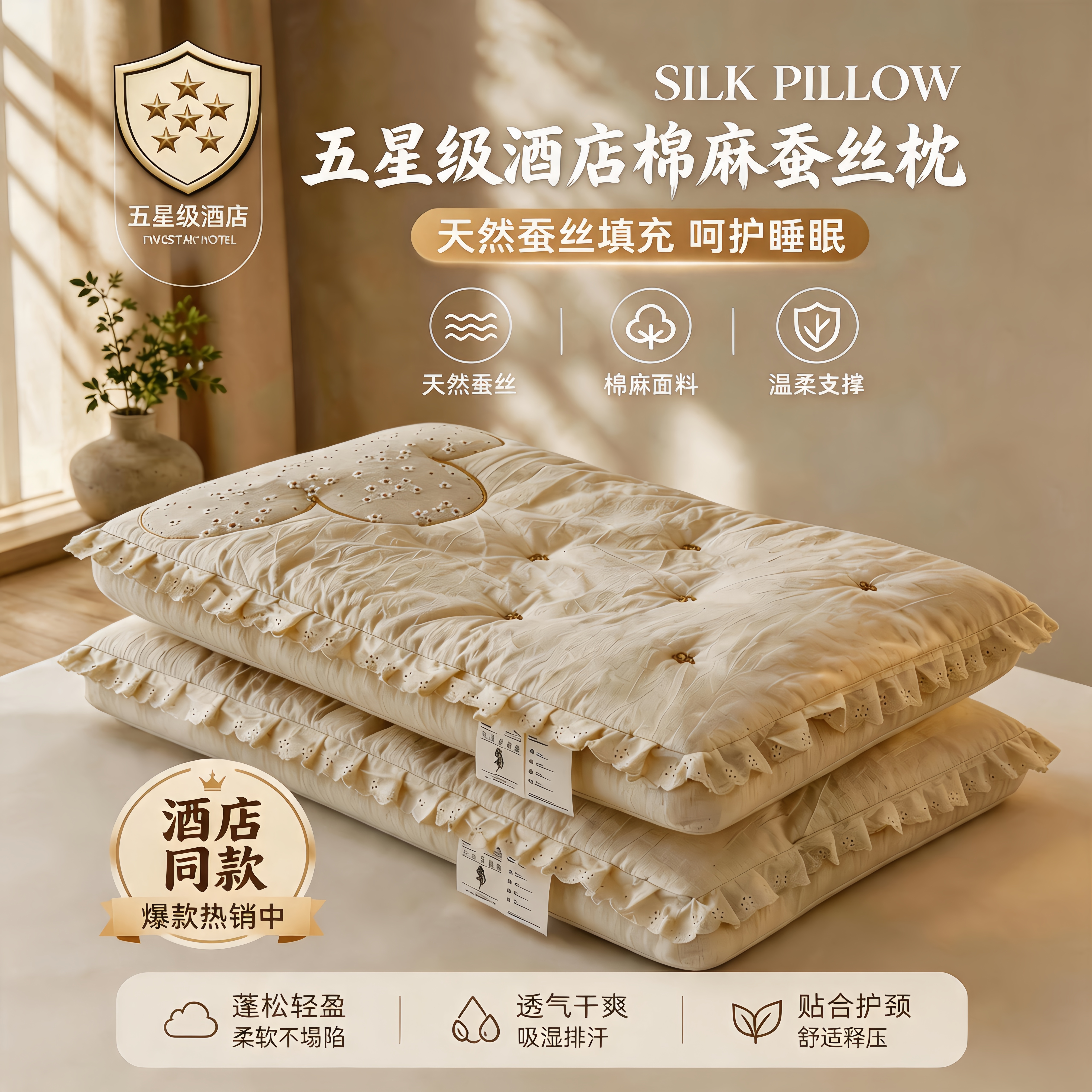 五星级酒店护颈枕助眠专用蚕丝枕棉麻枕头成人单人一只装枕芯睡眠