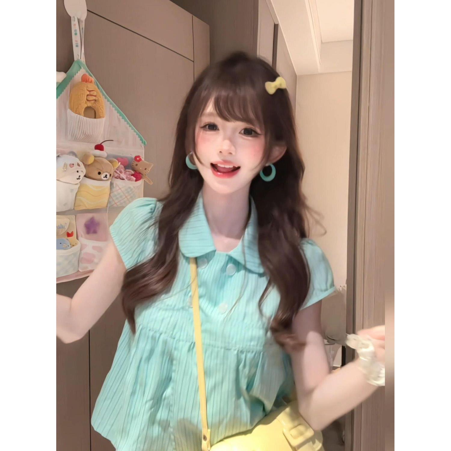 甜美小清新娃娃领短袖衬衫女夏双排扣宽松可爱少女感显瘦文艺上衣