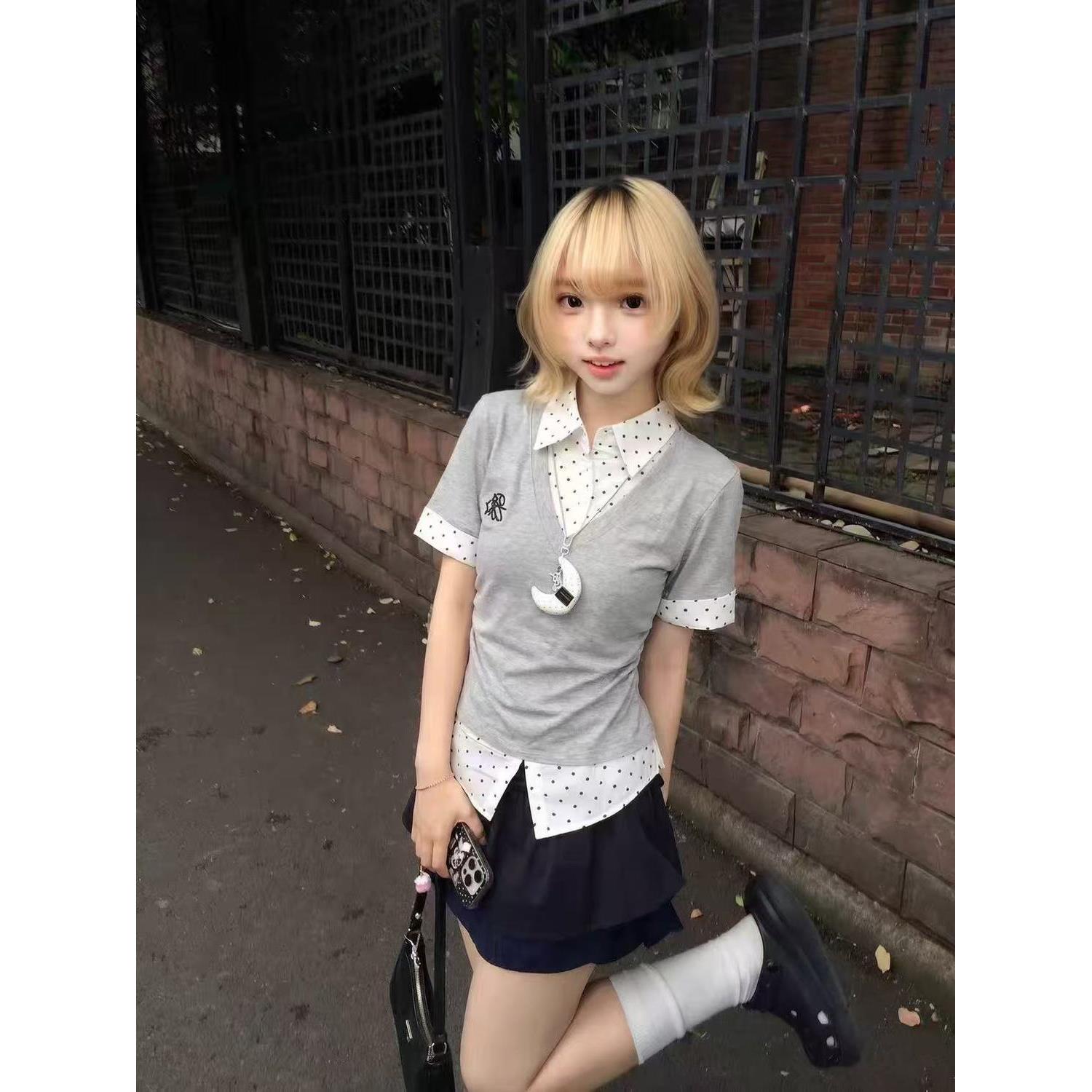 学院风波点假两件polo领短袖t恤女夏季修身收腰设计感小众上衣潮