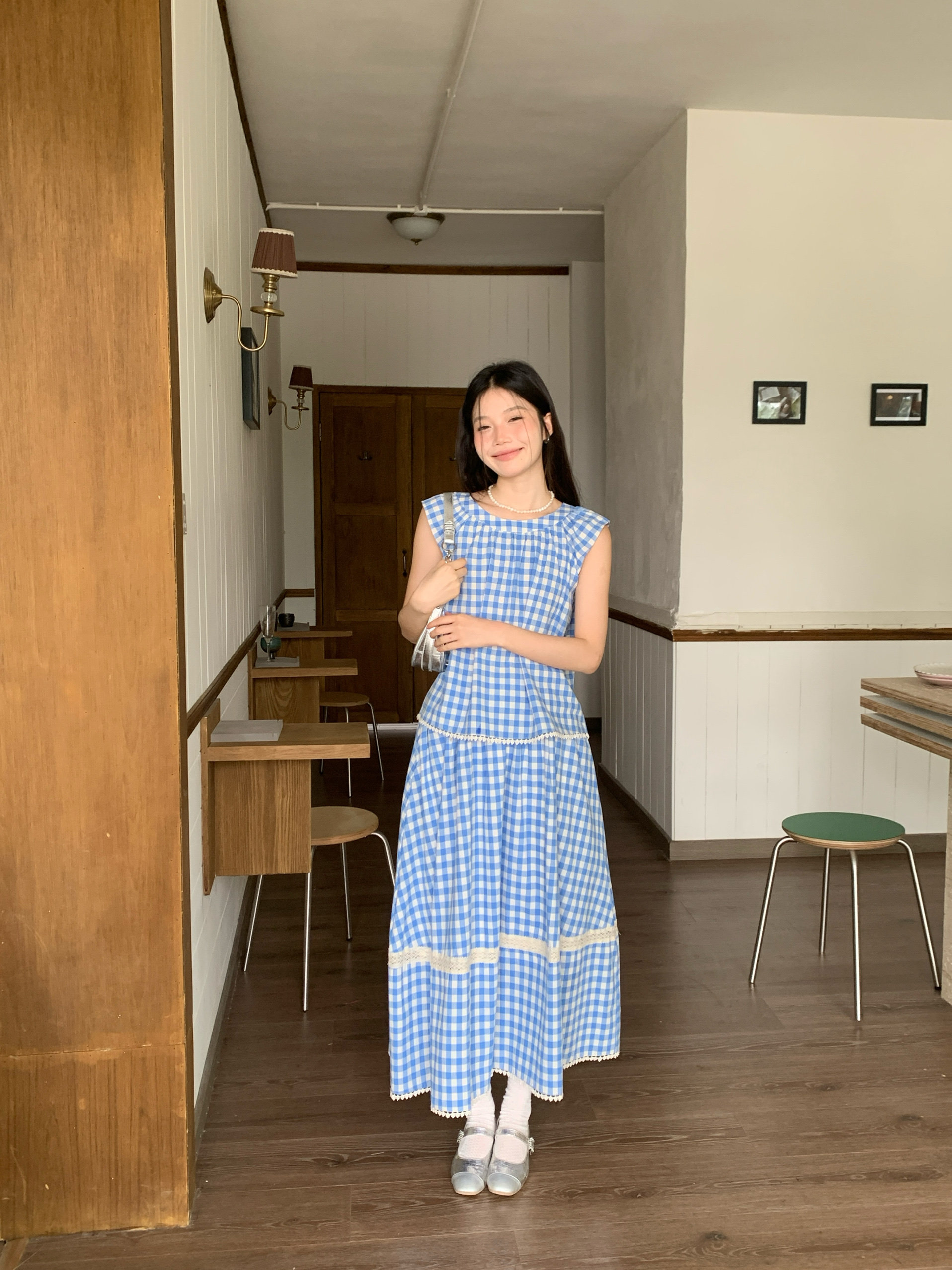 Yohaaa自制  法式甜美学院风蓝色格子小衫裙子套装宽松森系半身裙