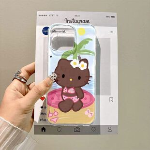 海边黑kt猫适用苹果11IMD壳苹果16 15promax手机壳14白底XS大孔13