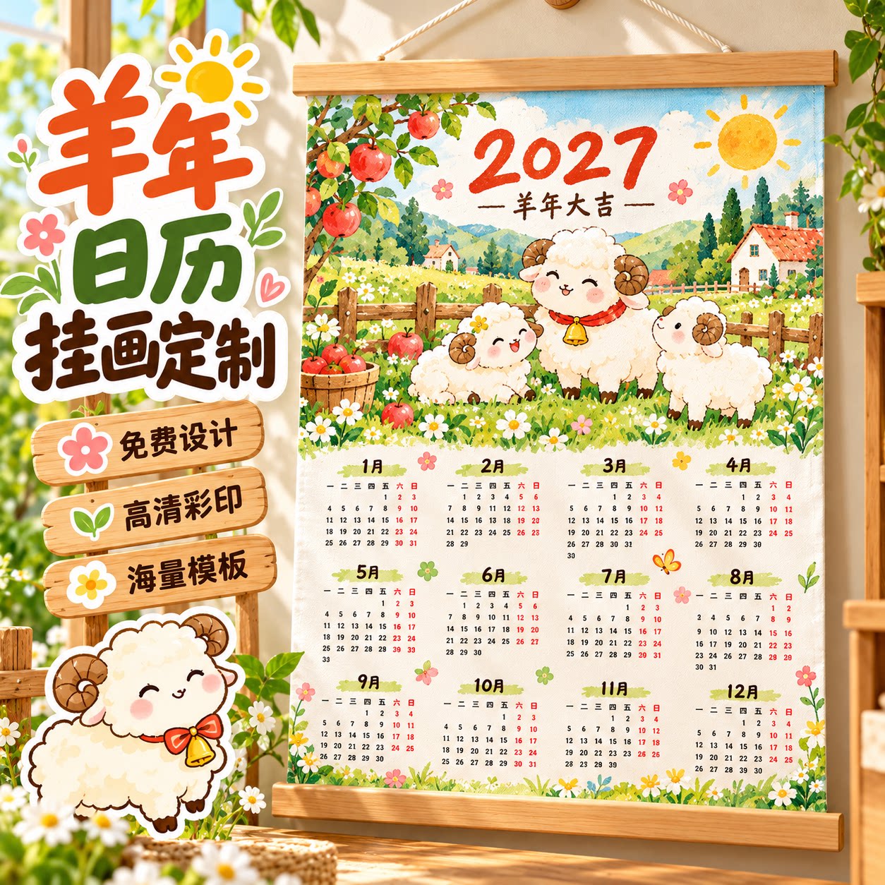 羊年日历挂画定制公司送客户创意年月历设计2027年伴手礼挂历制作