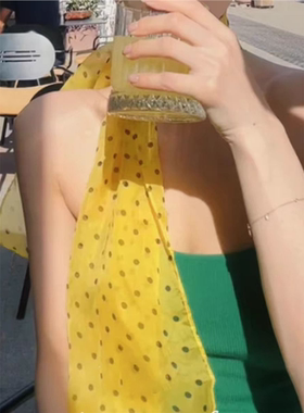 明媚大女主！黄色波点丝巾系脖女高级感时尚洋气纱巾围巾配饰装饰
