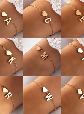 26个英文字母手链女个性气质合金心形字母手环手镯