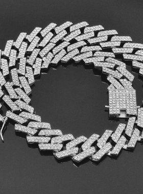 男士夸张个性加宽嘻哈镶钻棱形条形金链菱形古巴项链