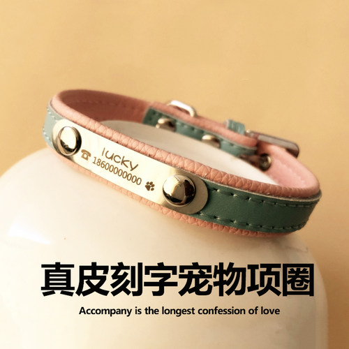 定做刻字牛皮可爱猫咪项圈泰迪防丢狗牌可调
