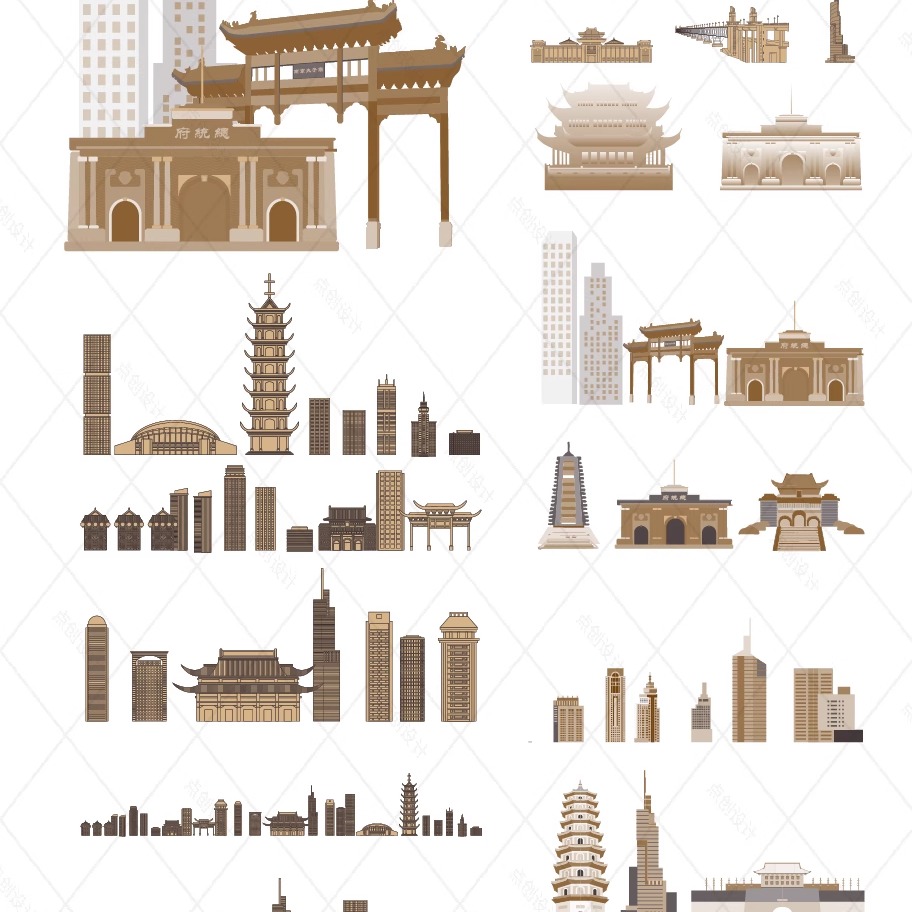 南京江苏建筑城市地标志天际线旅游线描稿剪影设计插画图景点素材