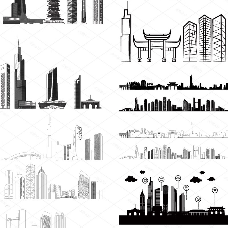 南京江苏建筑城市天际线旅游线描稿剪影地标志景点插画图设计素材