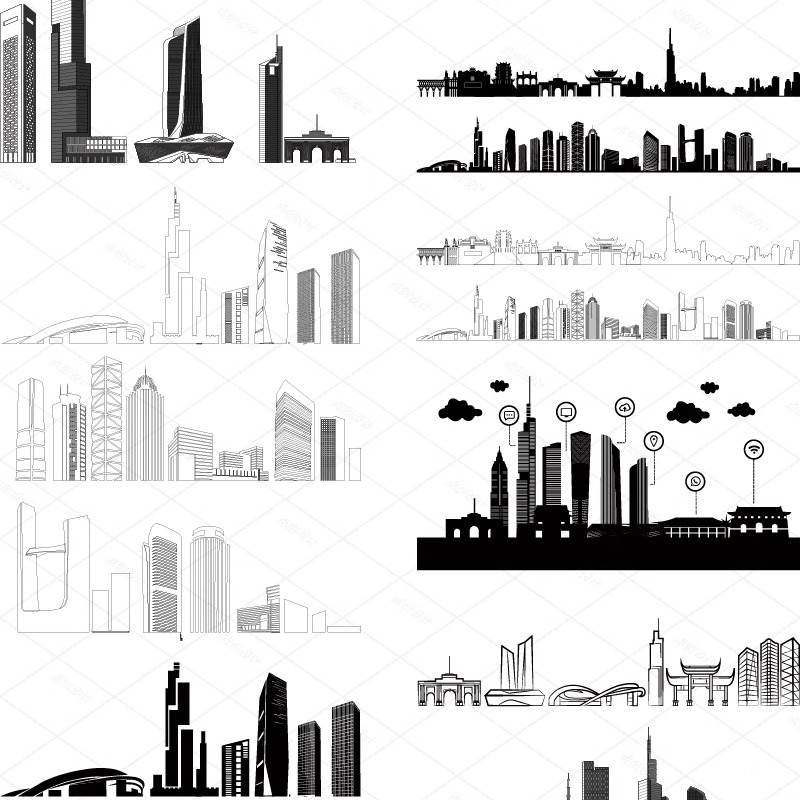 南京江苏建筑城市地标志天际线旅游线描稿剪影景点插画图设计素材