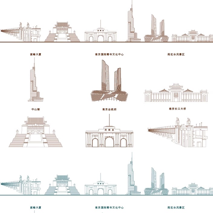 南京江苏城市地标志建筑天际线旅游线描稿插画图设计剪影景点素材