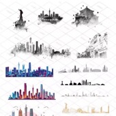 广州广东大湾区粤港澳城市建筑天际线描稿剪影旅游景点地标志素材