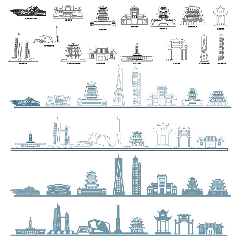 长沙湖南建筑城市天际线旅游线描地标志景点插画图设计剪影元素材