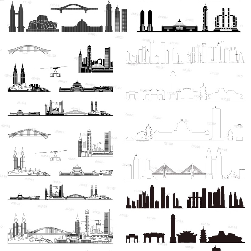 重庆渝建筑地标志插画图景点设计剪影城市天际线旅游线描稿元素材