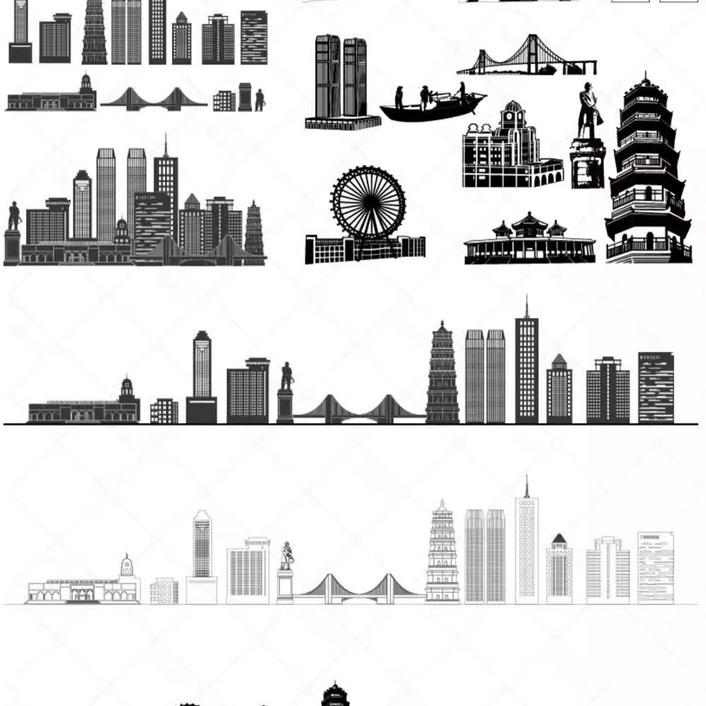 中山广东建筑城市地标志插画图景点剪影设计天际线旅游线描稿素材