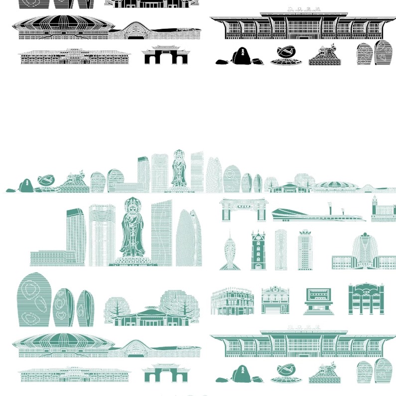 海口三亚海南城市建筑天际线旅游线描稿剪影地标志景点插画图素材