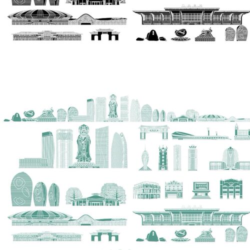 海口三亚海南城市建筑天际线旅游线描稿剪影地标志景点插画图素材
