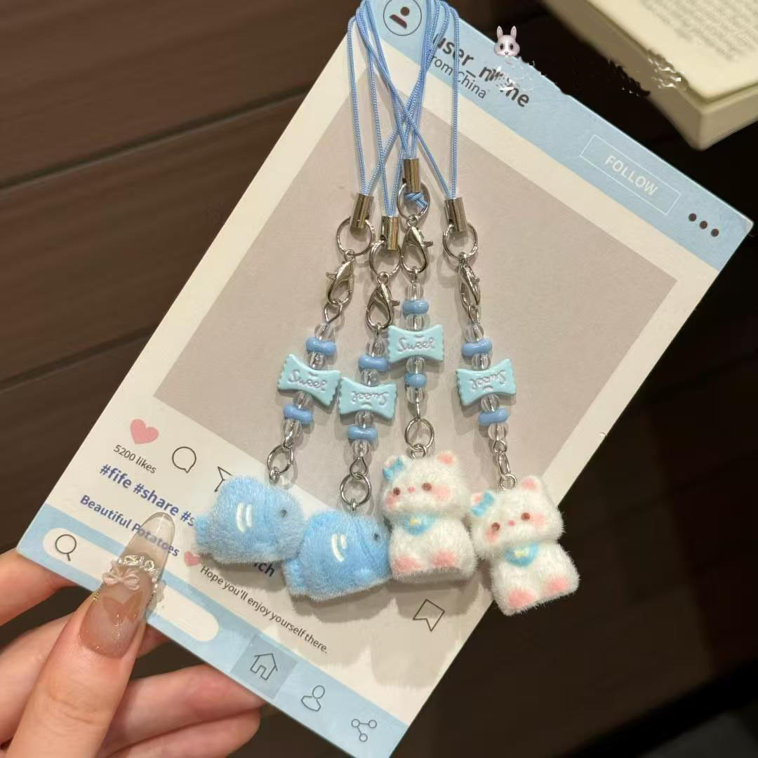 新款卡通可爱植绒立体树脂糖果猫咪小鱼钥匙链包包挂件手机挂绳
