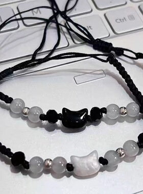 新款可爱黑猫白猫手链精致手工小众编织情侣时尚手绳百搭礼物