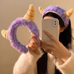 可爱紫色毛绒龙角发箍秋季洗脸腕带束发带发饰创意软糯防滑头箍