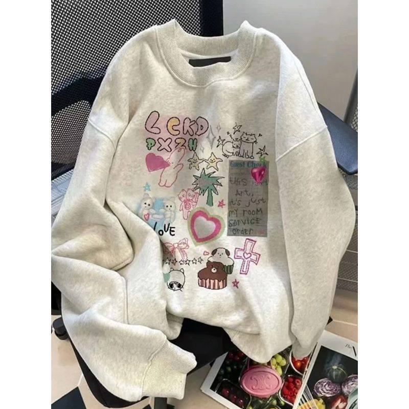 白灰色加绒加厚无帽卫衣女秋冬韩版宽松显瘦休闲圆领大码上衣外套