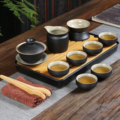茗峰禅风黑陶功夫茶具套装提梁茶壶盖碗茶杯竹制茶盘中式整套茶具