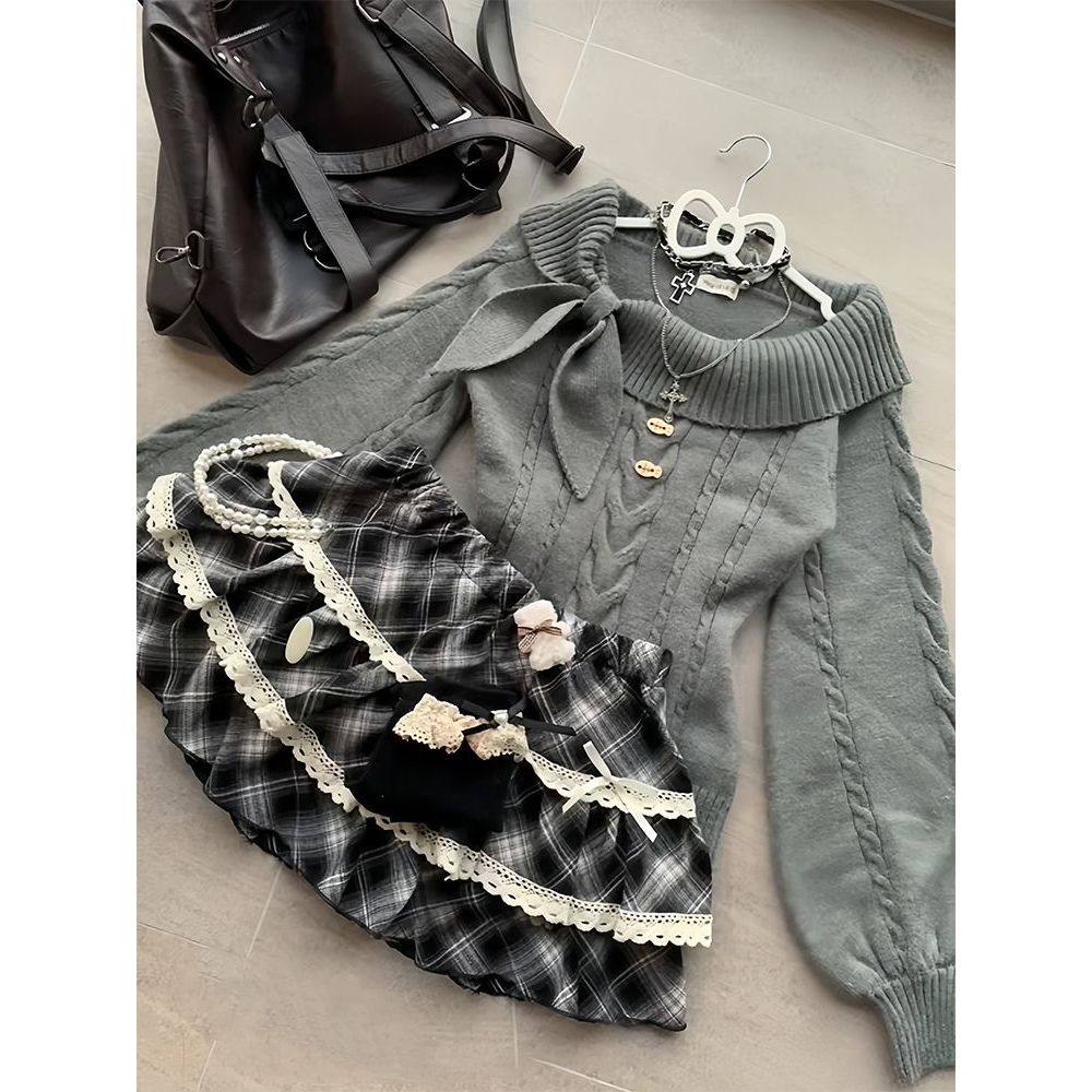 甜美古早感萌萌兔耳领收腰修身毛衣秋冬磨毛格子蕾丝蛋糕裙两件套