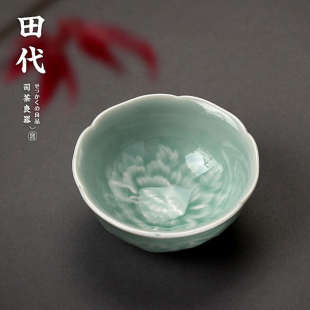 手工陶瓷刻花牡丹品茗杯闻香主人杯功夫茶具小茶杯 葵口品茶杯