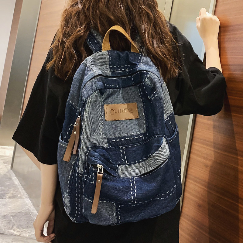 法国Fad Sincgo港风牛仔布书包学生慵懒文艺旅行复古帆布双肩包女