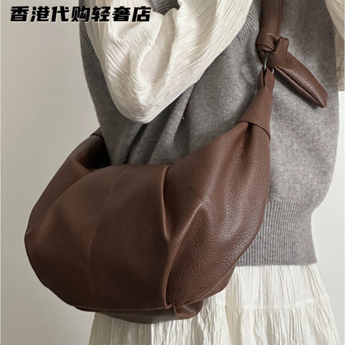 法国ZAMP复古软皮褶皱饺子包慵懒风休闲通勤单肩斜挎包可颂牛角包