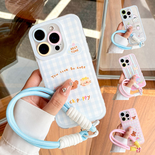 ins风蓝色格子适用iPhone17pro手机壳苹果15新款14pro华为mate60promax挂绳13软16pro女12/11透明p7080防摔
