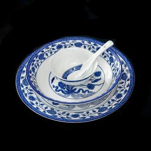 家用结婚会所瓷器 明青花仿古餐具景德镇白瓷56头鱼藻纹碗碟盘套装