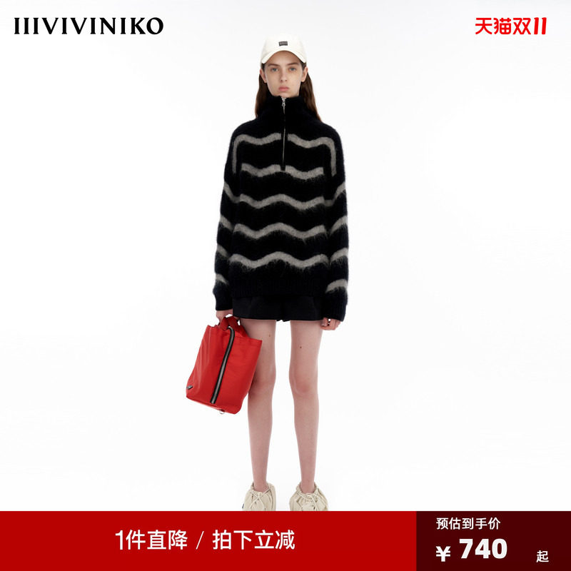 IIIVIVINIKO[贾玲同款】”貉绒纱线”波浪条纹多巴胺针织套头衫